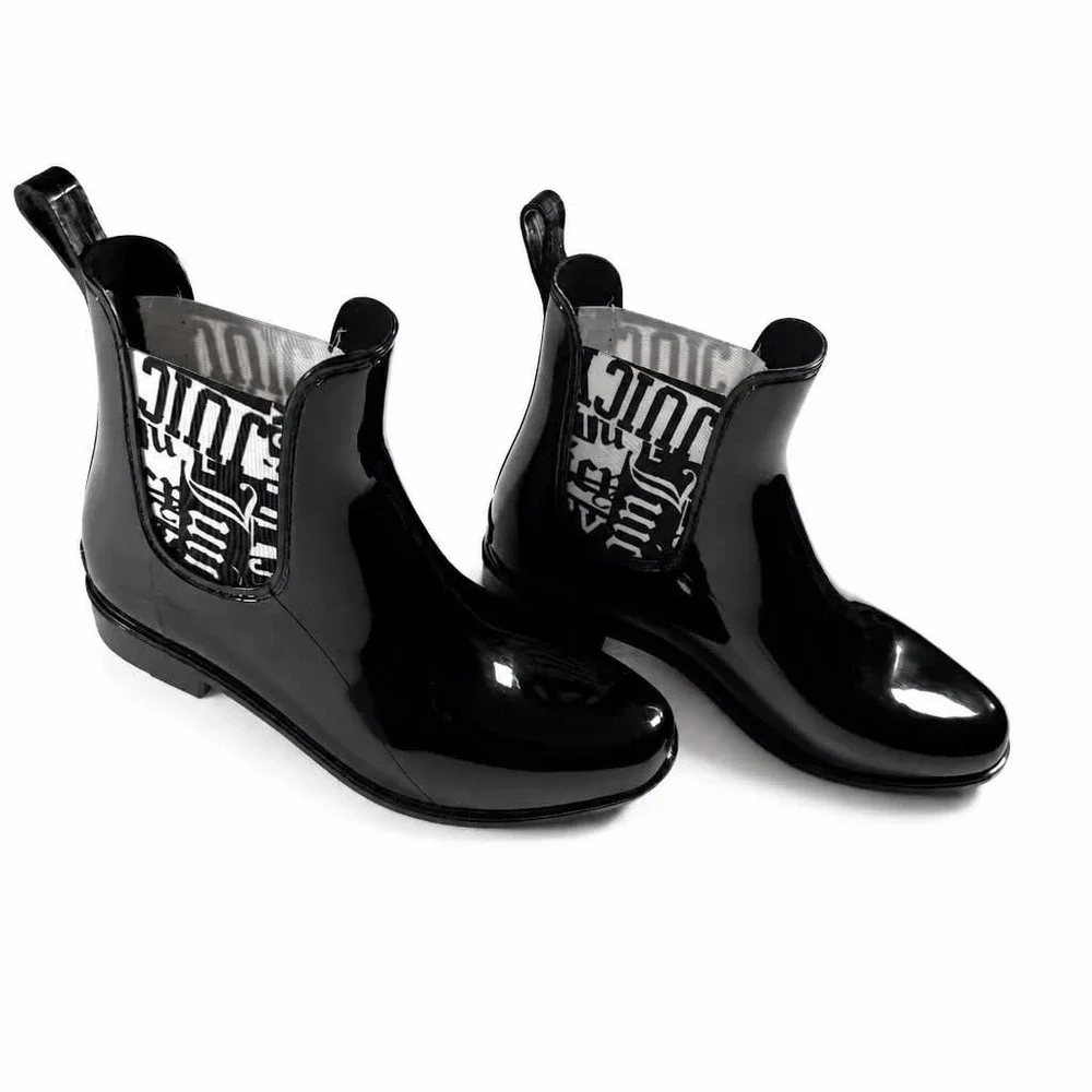 JUICY COUTURE Rain Boots Womens 7 Black Patent Ankle Chelsea Booties Logo NWOT